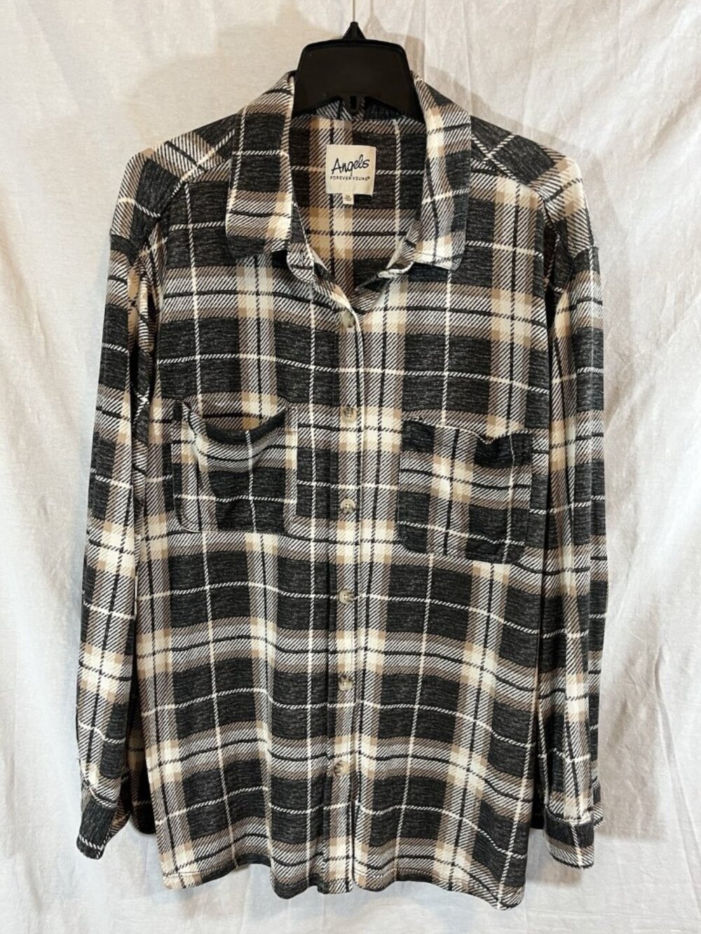 Angels Women’s 3X Gray & Brown Plaid Supersoft Button Up Blouse